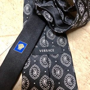 Versace black paisley tie silver Medusa